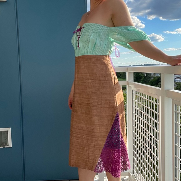 Vintage Corset Dress Puff Sleeve Color-block Midi - Picture 2 of 7